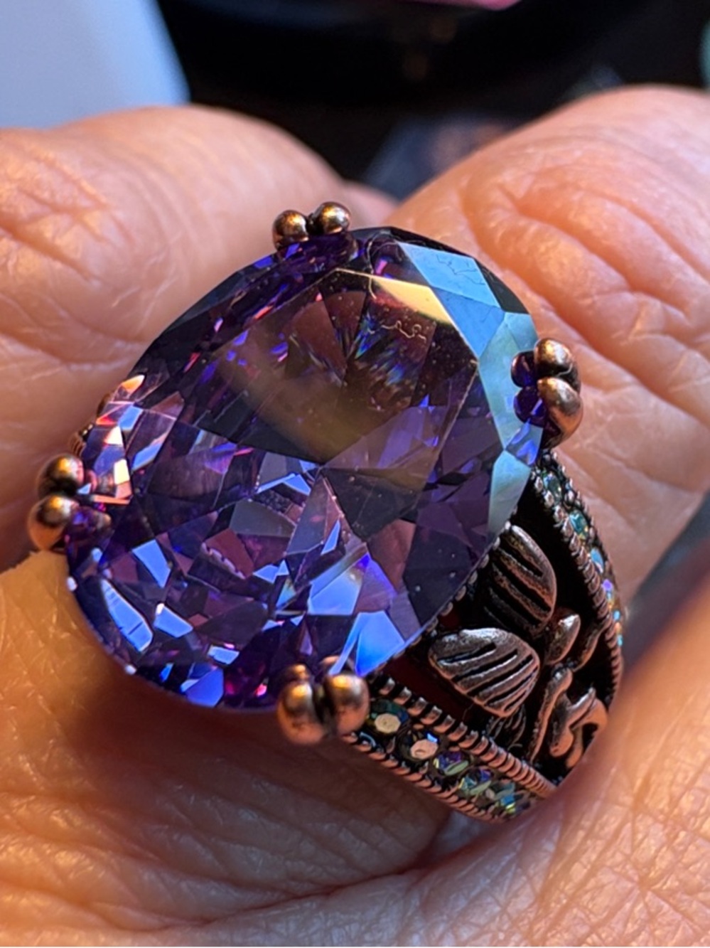 Kirks Folly Iridescent Copper Tone Metal Purple Gemstone Statement Ring